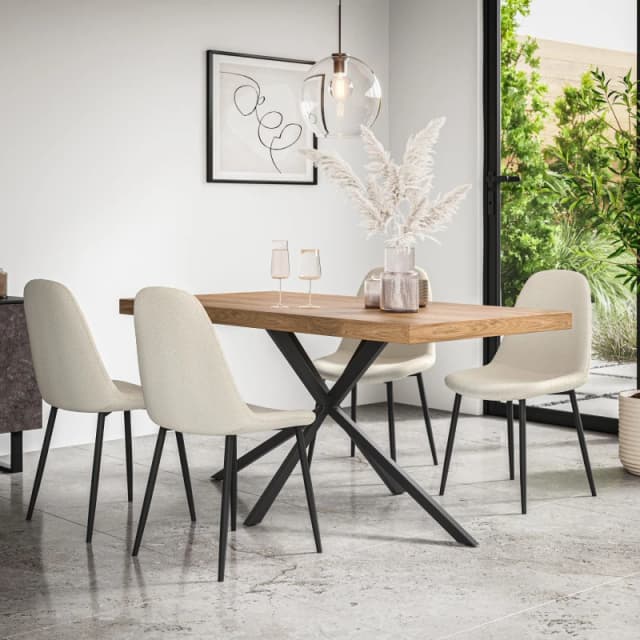 More4Homes Donni Dining Table And Chairs - Oak Effect Table Top W Black Legs + Maya Boucle Dining Chair Set Of 4 (Ivory White)