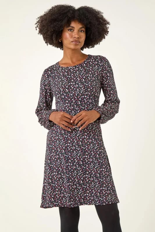 Roman Ditsy Floral Print Stretch Dress Navy