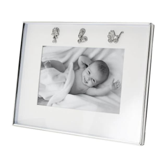 Happy Homewares Silver Baby Photo Frame With Pram, Booties & Rattle Icons