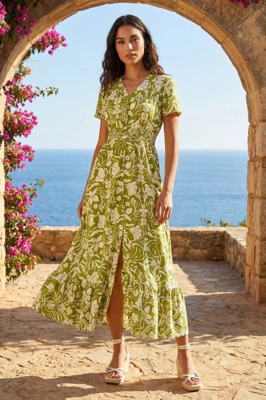Roman Womens Floral Print Button Detail Maxi Dress in Lime Size: 10 Lime Female 10