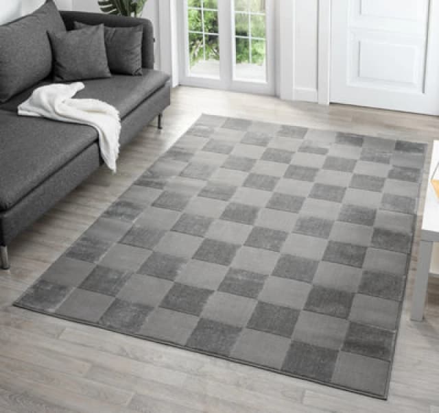 Vellure Modern Indoor Living Room Area Rug Embossed Metallic Sheen Grid Design Grey 120X170 Cm