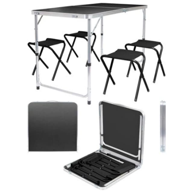 Harbour Housewares 5Pc Height Adjustable Folding Picnic Table & Chairs Set - Black - Portable Outdoor Garden Camping Furniture