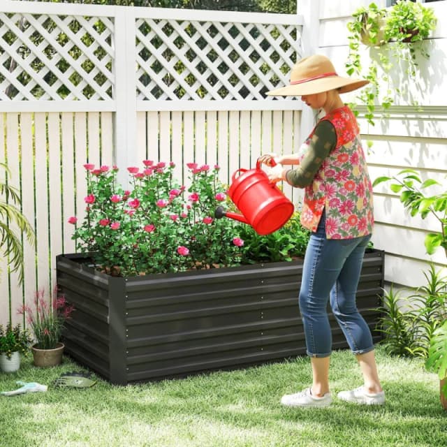 Outsunny Galvanised Steel Outdoor Raised Bed w/ Reinforced Rods, Black 845-774V00BK