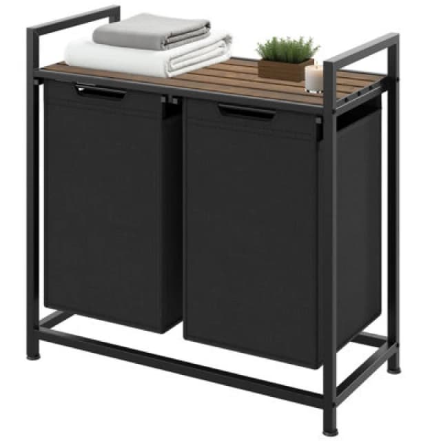 Tectake Dual Laundry Basket - 2 Pull Out Compartments, Wooden Folding Shelf & High Capacity Rectangle 46 L 34 X 74 X 72cm - Black/brown