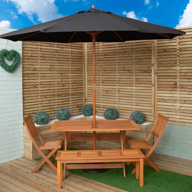 Outdoor 6 Person Rectangular Wooden Garden Dining Table, 2 Benches, Chairs with Black Parasol and Base Set