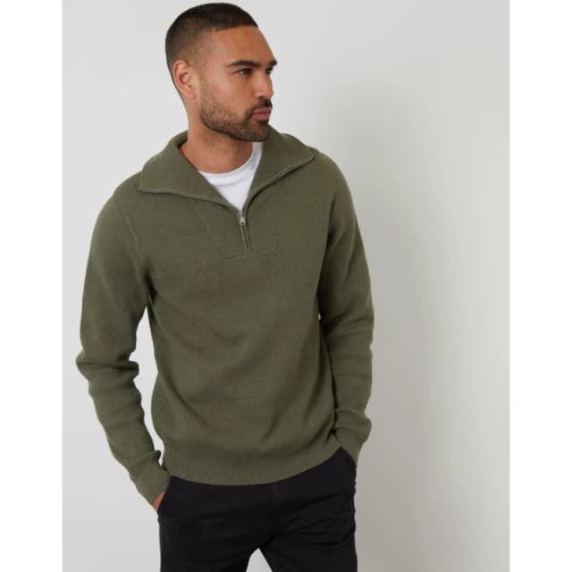 Threadbare Mens Kamrul Quarter Zip Knitted Jumper Olive male Small