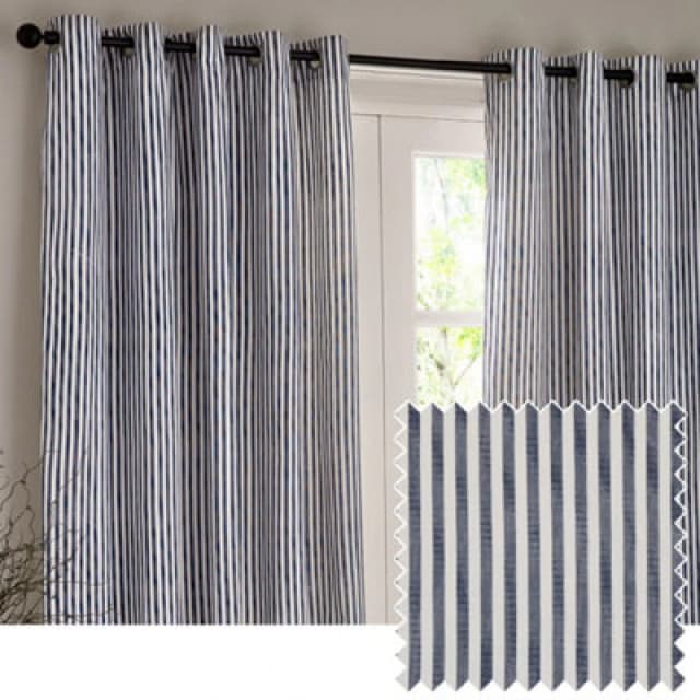 Yard Hebden Striped 100% Cotton Lined Eyelet Curtains Navy 117cm width 137cm drop, Blue 5025532848734