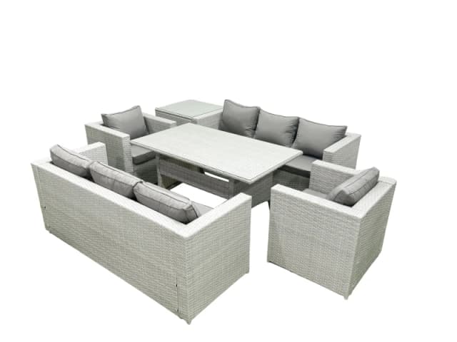 Fimous Rattan Garden Furniture Set Outdoor 8 Seater Patio Dinin g Sofa Sets with Dining Table 2 Chairs Side Table Light Grey Mixed Light Grey
