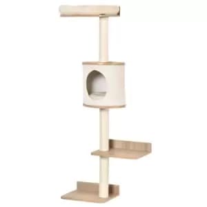 Pawhut Wall Mounted Cat Tree & Shelf With Condo Bed & Scratching Post - Light Brown