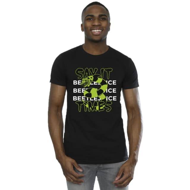 Beetlejuice Beetlejuice Men Say It 3 Times Cotton T-Shirt in Black Size: Small Black S Male 5063376711852