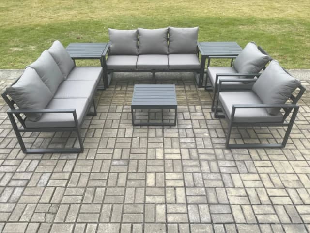 Fimous Aluminium Outdoor Lounge Sofa Set Garden Furniture Sets with Square Coffee Table 2 Chairs 2 Side Tables Dark Grey 8 Seater Dark Grey Unisex