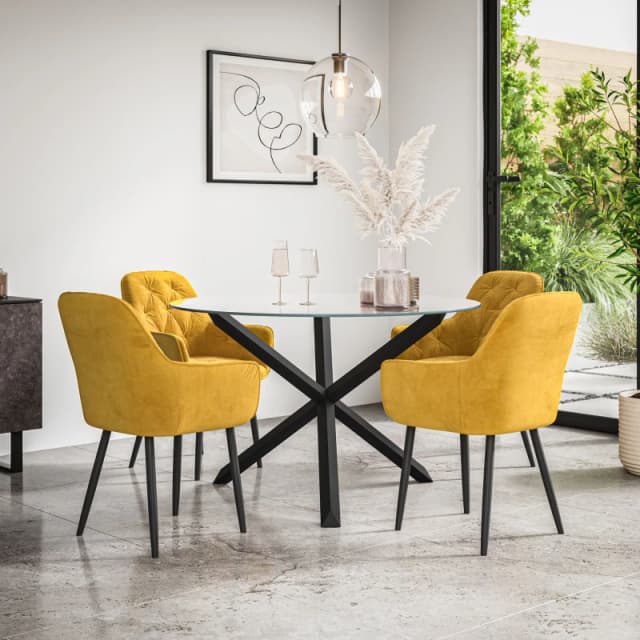 More4Homes Malvern Round Dining Table And Chairs - Clear Glass Table Top W Solid Black Oak Legs + 4 Anika Velvet Dining Chairs (Mustard)