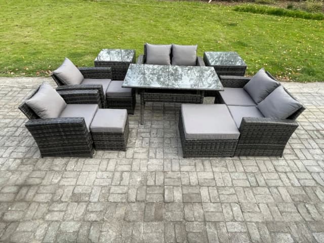 Fimous Garden Furniture Sets 10 Pieces Rattan Furniture Handmade Wicker Patio Sofa Set with 3 Footstools 2 Side Tables in Dark Grey Dark Grey Unisex