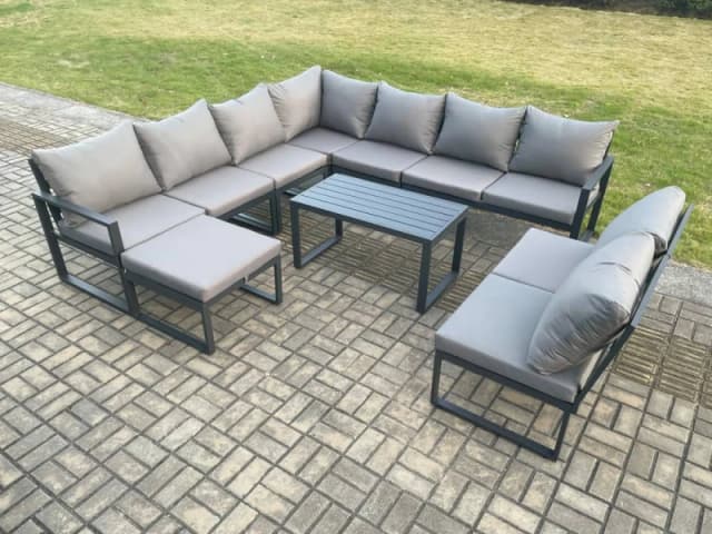 Fimous Aluminium 10 Seater Patio Outdoor Garden Furniture Lounge Corner Sofa Set with Oblong Coffee Table with Big Footstool Dark Grey Dark Grey Unise