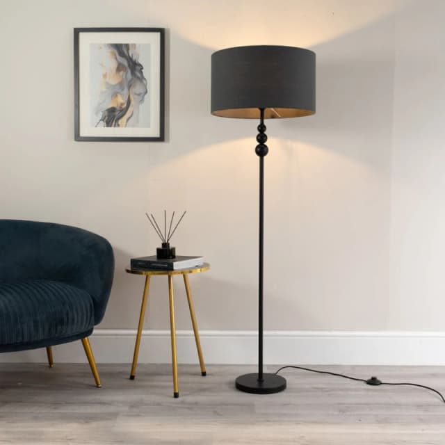 ValueLights Marissa Fabric Drum Shade with Black Stacked Ball Floor Lamp Charcoal