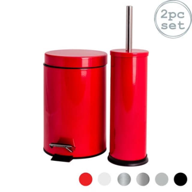 Harbour Housewares Bathroom Bin & Toilet Brush Set - 3L - Red - Round Stainless Steel Slim Trashcan Rubbish Bin & Brush