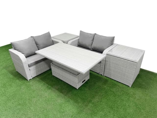 Fimous 4 Seater Outdoor Love Sofa Set Rattan Garden Furniture Set with Adjustable Lifting Dining or Coffee Table 2 Side Tables Light Grey Light Grey