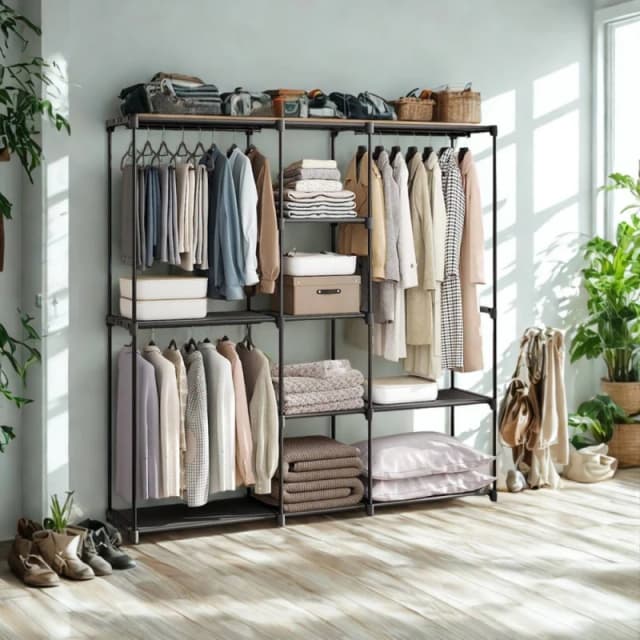Pirlo Plush Metal Clothes Rail Open Wardrobe With Storage Shelves Black Unisex