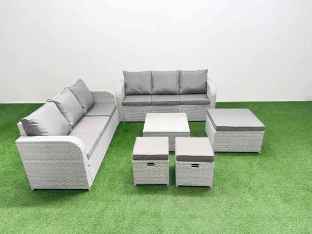 Fimous Outdoor Garden Furniture Sets 9 Seater Wicker Rattan Furniture Sofa Sets with Square Coffee Table high Back Lounge Sofa 3 Stools Light Grey Lig