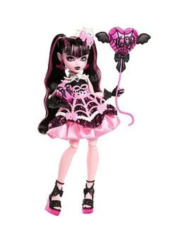 Monster High Scary Sweet Birthday Doll Draculaura in Pink Party Dress with Themed Accessories like Invite Balloon Gift Fan and More JBG74 Pink -