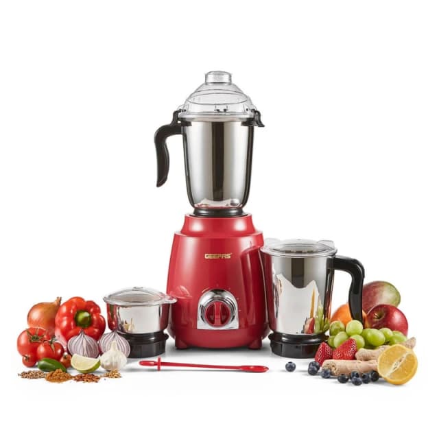 Geepas 3-in-1 Mixer Grinder, Stainless Steel Jars & Blades 600W Red