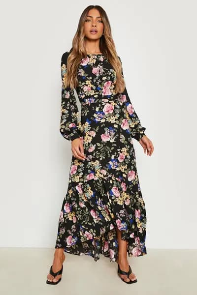 boohoo Floral Drop Hem Rouched Maxi Dress Black