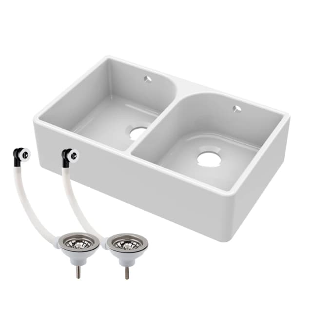 Balterley 2 Bowl Fireclay Butler Sink Full Weir Overflows Wastes 795x500x220mm White