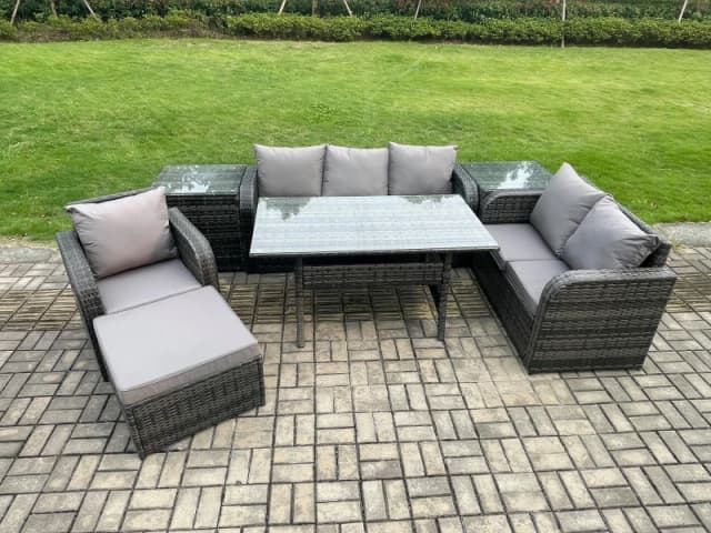 Fimous 7 Piece Rattan Garden Furniture Set with Patio Sofa Rectangular Dining Table 2 Side Table Big Footstool Indoor Conservatory Patio Set Dark Grey