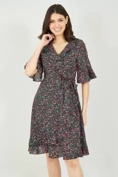 Black Ditsy Wrap Frill Dress