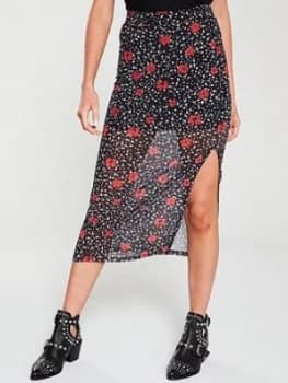 V By Very Mesh Ditsy Midi Skirt - Red