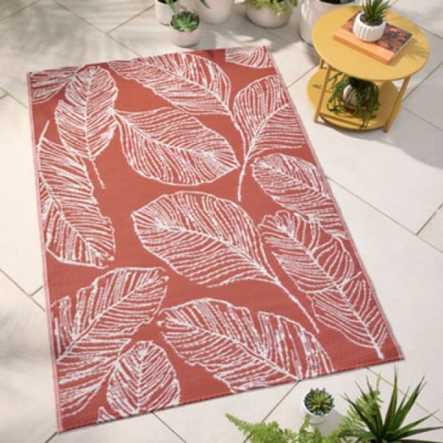 Fusion Matteo Leaf Print Uv Resistant Terracotta Outdoor Rug