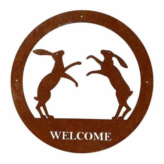 Poppy Forge Boxing Hare Welcome Wall Art, Large, Steel - W49.5 x H49.5cm - BM/RtR in Brown Brown Unisex