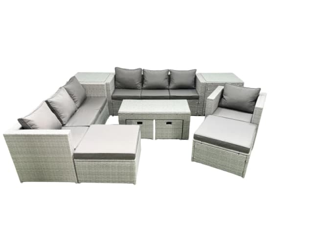 Fimous Outdoor Rattan Garden Furniture Set with Grey Cushions Luxury 11 Seater with Coffee Table and 2 Side Tables For Conservatory,Patio Light Grey
