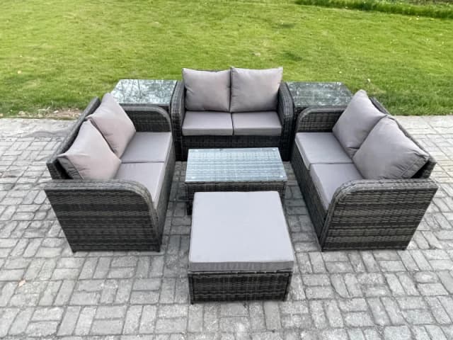 Fimous Outdoor Garden Furniture Sets 7 Seater Wicker Rattan Furniture Sofa Sets with Rectangular Coffee Table Love Sofa 2 Side Tables Big Footstool Da