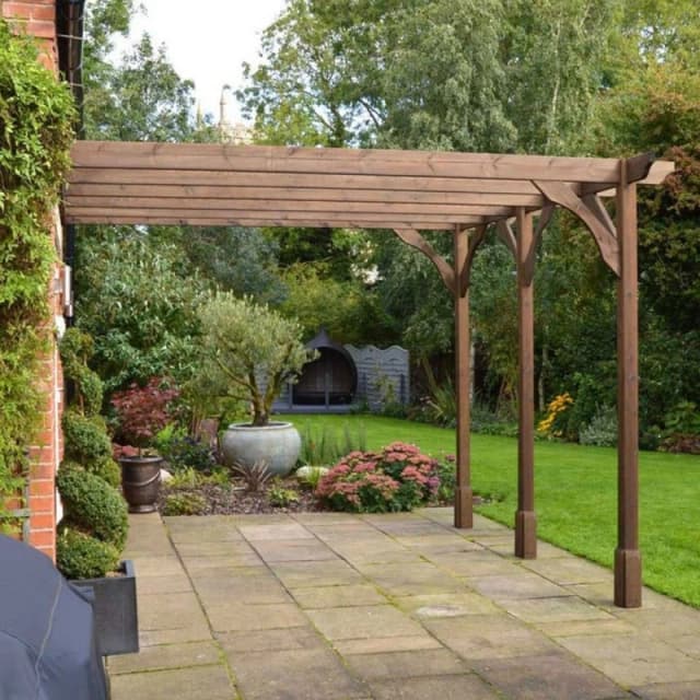 Rutland County Garden Furniture Ltd Wall Mounted Premium Pergola 3 Post, L420 x W420 cm, Rustic Brown Brown Unisex