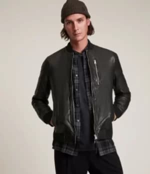 AllSaints Mens Leather Regular Fit Boyton Bomber Jacket, Black, Size: L