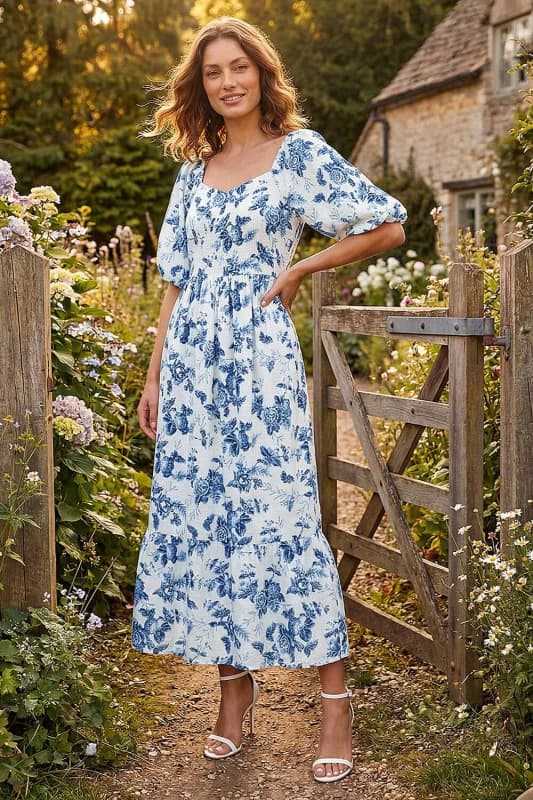 Roman Womens Petite Floral Print Midi Dress in Blue Size: 16 Blue Female 16
