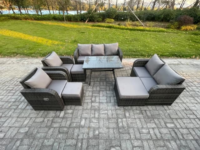 Fimous Outdoor Rattan Garden Furniture Set 10 Seater Patio Lounge Sofa Set with Dining Table 3 Footstools Dark Grey Mixed Dark Grey