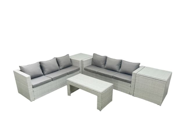 Fimous 6 Seater Garden Outdoor Rattan Furniture Set Rattan Garden Sofa Oblong Coffee Table with 2 Side Tables Light Grey Mixed Light Grey