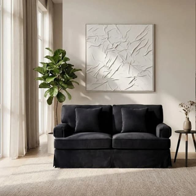 Orsina Two Seat Black Velvet Sofa, Plush Black Velvet Upholstery With Wooden Base And Key Style Padded Arms