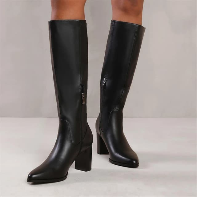 Wheres That From Block Heel Knee High Boots With Stitch Detail Black Pu female 3