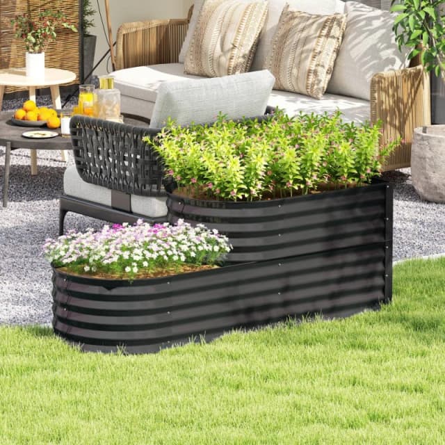 Outsunny Outsunny 2-Tier Metal Planter Box with Safety Edging, Dark Grey Dark Grey
