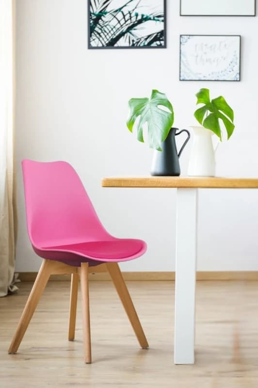 Fusion Living Soho Plastic Dining Chair with Squared Light Wood Legs Bright Pink