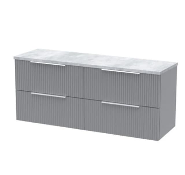 Nuie Hudson Reed Fluted Wall Hung 4-Drawer Vanity Unit & Bellato Grey Laminate Worktop, Counter Top Vanity Unit In Satin Grey, 1200mm