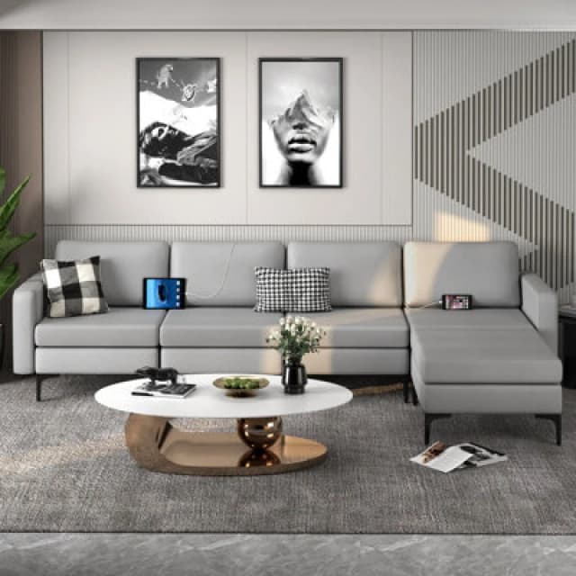 Costway Modular L-Shaped Sectional Sofa Couch W/ Chaise Reversible Ottoman (4 Power Outlets & 4 USB Ports)