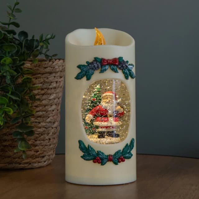 20cm Dual Powered Light up Christmas Pillar Candle Water Spiner with Santa and LEDs