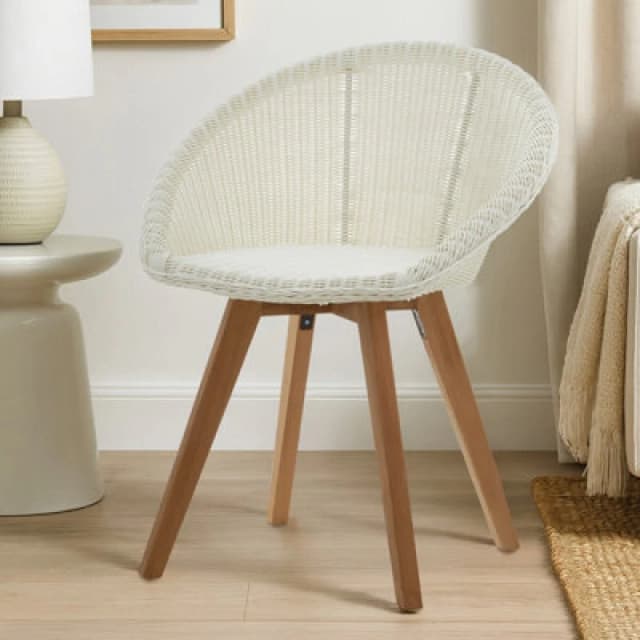 Premier Housewares Modern Design Lounge Chair, Comfortable White Faux Rattan Upholstered Armless Chair, Sturdy Wooden Chair Brown