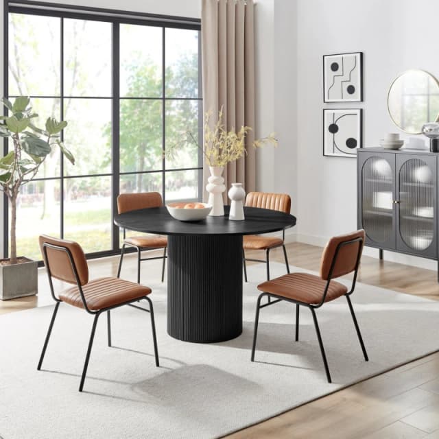 FurnitureboxUK FurnitureboxUK Penrose Black Round Dining Table & 4 Tan Delta Chairs Tan One Size Unisex 5061064385446