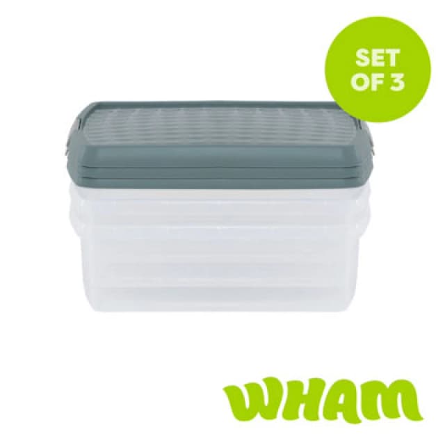Wham Clip 3X 13.2L Square Plastic Storage Boxes With Clip Lock Lids. Ideal For Home, Office, Toys & More - Clear/green Milieu