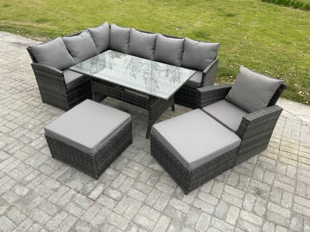 Fimous 9 Seater Outdoor Rattan Garden Furniture Set with Rectangular Dining Table 2 Big Footstool Armchiar Patio Corner Sofa Set in Dark Grey Dark Gre